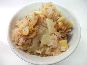 たけのこ・ベビーホタテ・レシピ・筍と帆立稚貝の炊き込みご飯