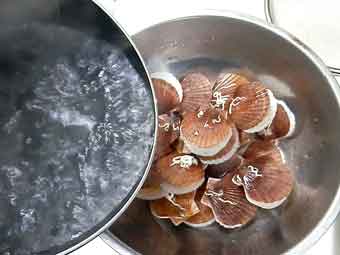 帆立稚貝（ベビーホタテ）に熱湯をかける