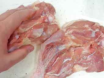骨付き鶏もも肉に調味料を揉み込む
